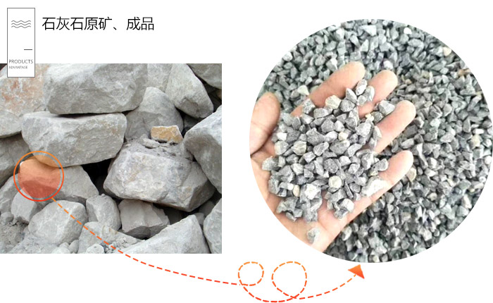 石灰石破碎前，破碎后对比